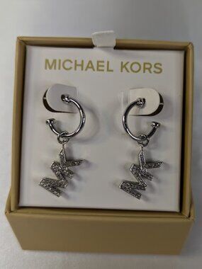 Michael KORS Silver Tone MK Logo Dangle Earrings w/Crystals NEW